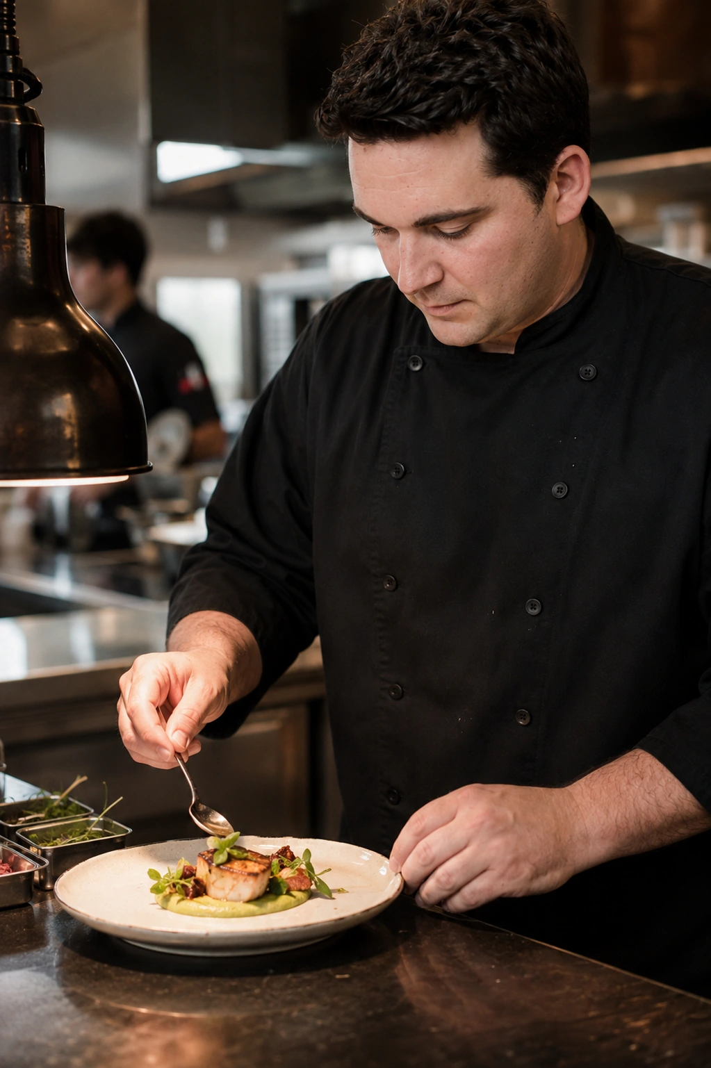 Chef Ben finishing a plated course at the kitchen pass.
