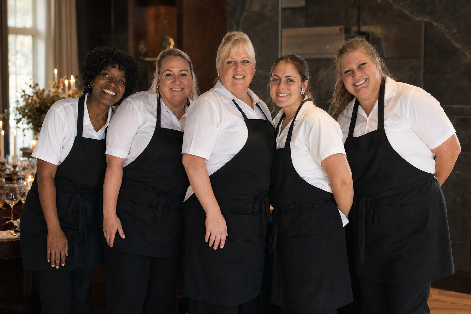Five members of the Holly Tate Fine Catering service team preparing for a wedding celebration