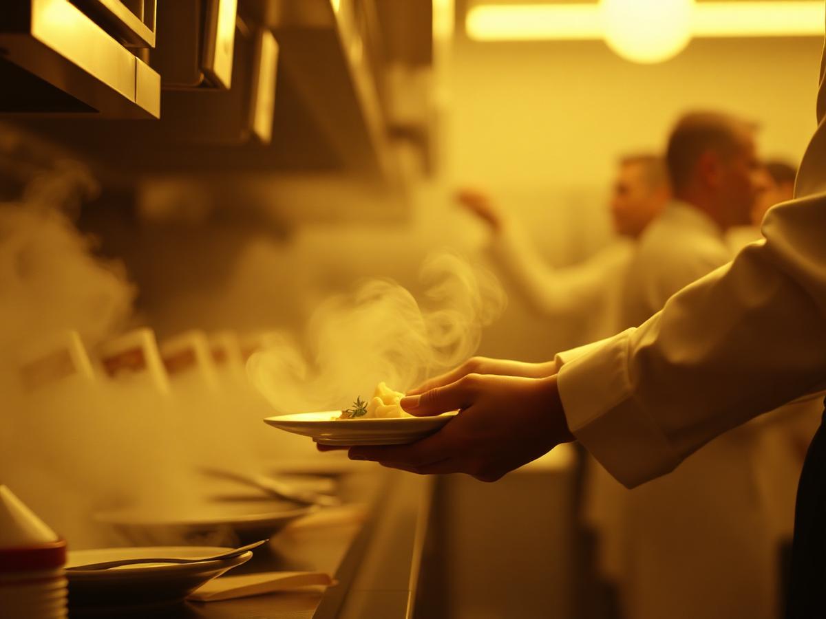 A chef's hands sending a plate from a warm kitchen pass