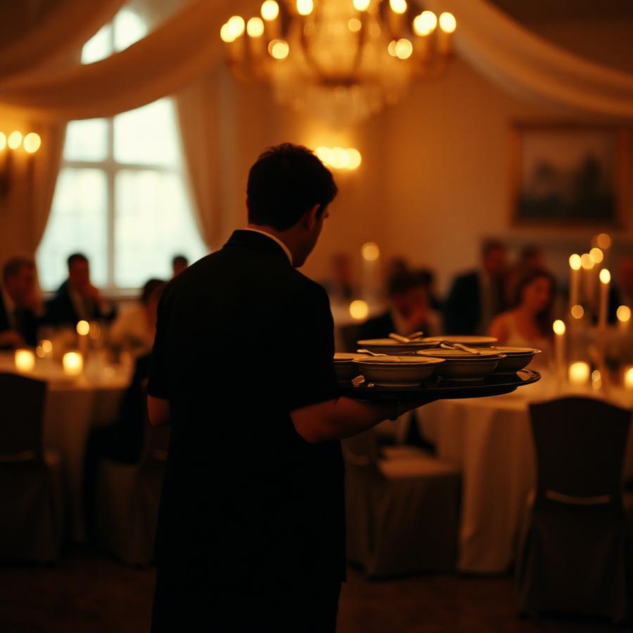 A server carrying plated courses across a candlelit reception room
