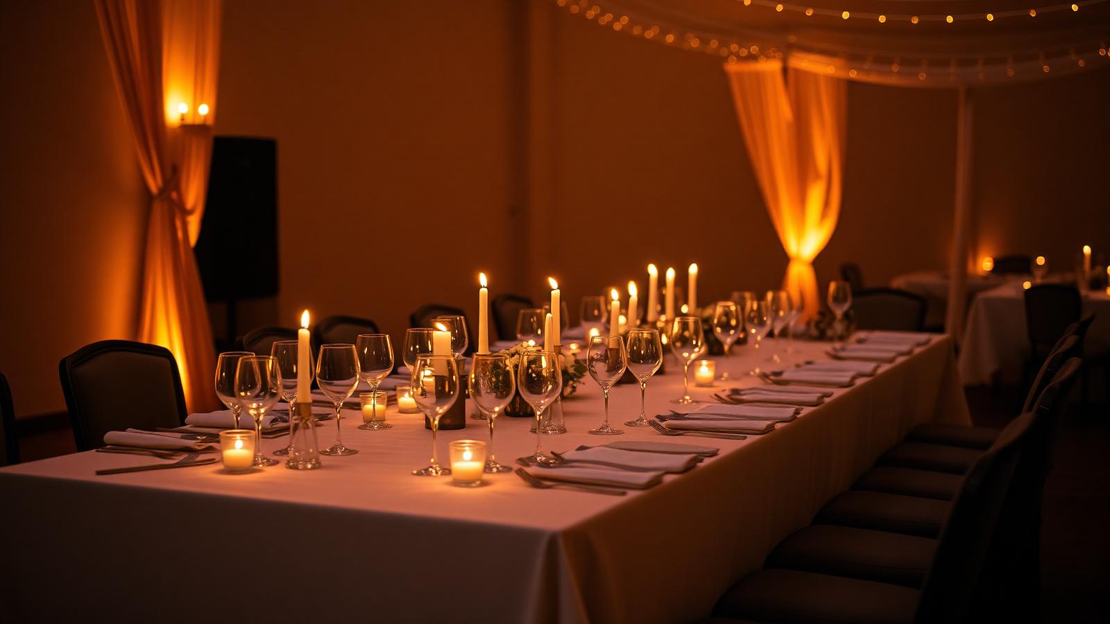 A fully prepared banquet table lit by candles in the quiet moments before guests arrive